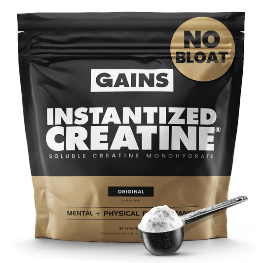 Gains in Bulk Instantized Creatine Monohydrate – 30 servings packaging with scoop