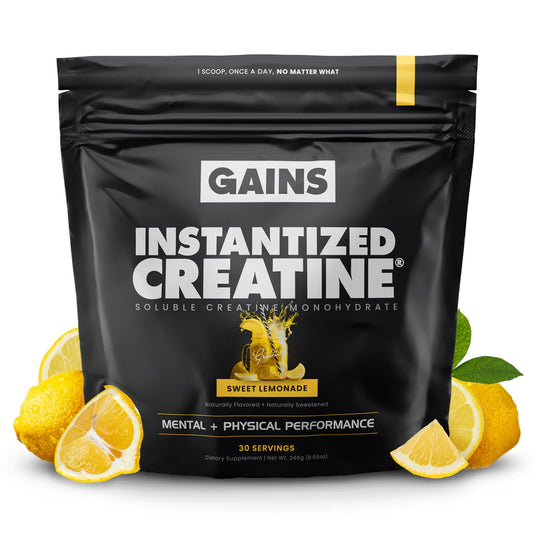 Gains in Bulk Instantized Creatine Monohydrate container with Sweet Lemonade flavor, 30 servings