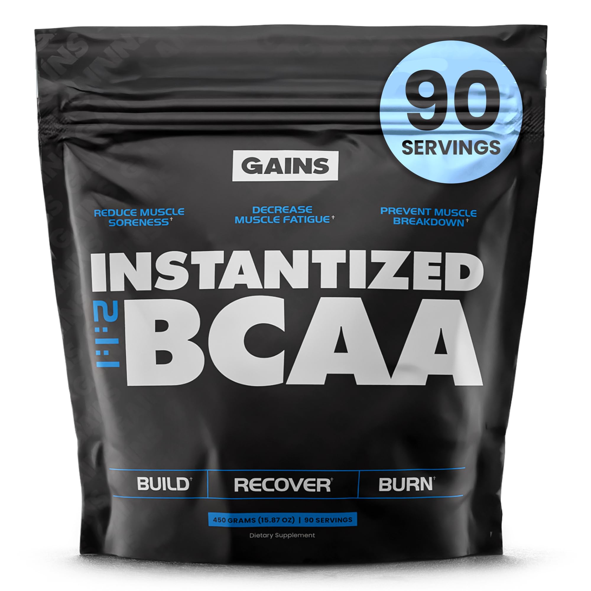 Gains in Bulk BCAA powder bottle with plant-based label