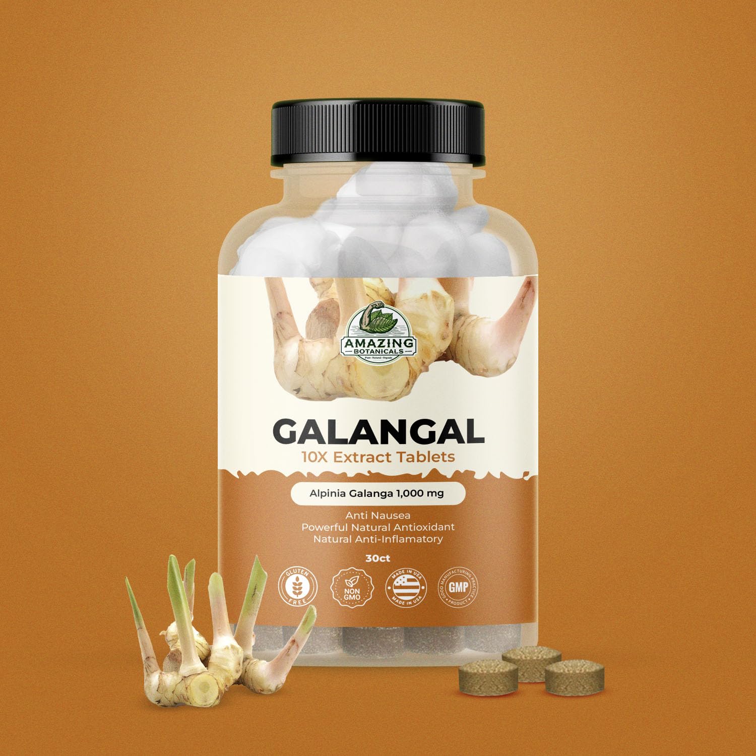 Close-up of a single 1,000 mg Galangal 10X Extract tablet