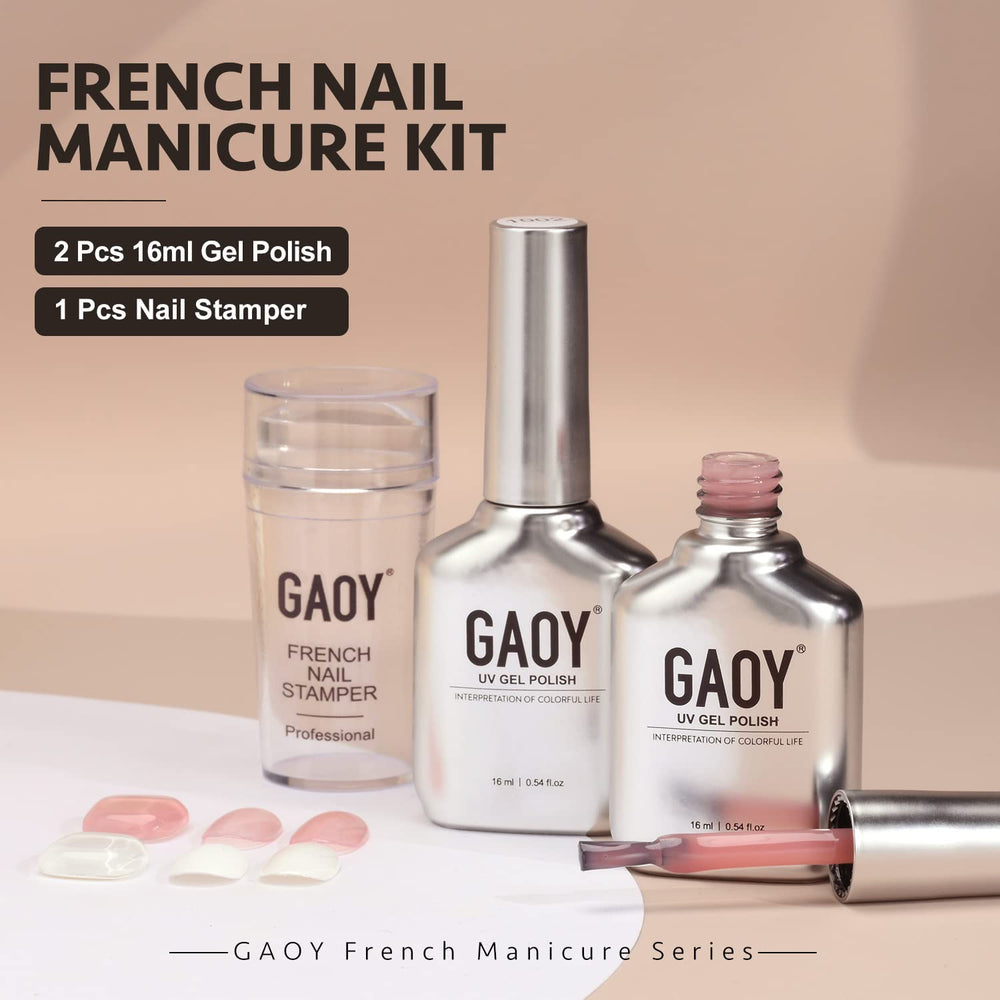 GAOY French Manicure Kit contents laid out with stamper and two gel polishes.