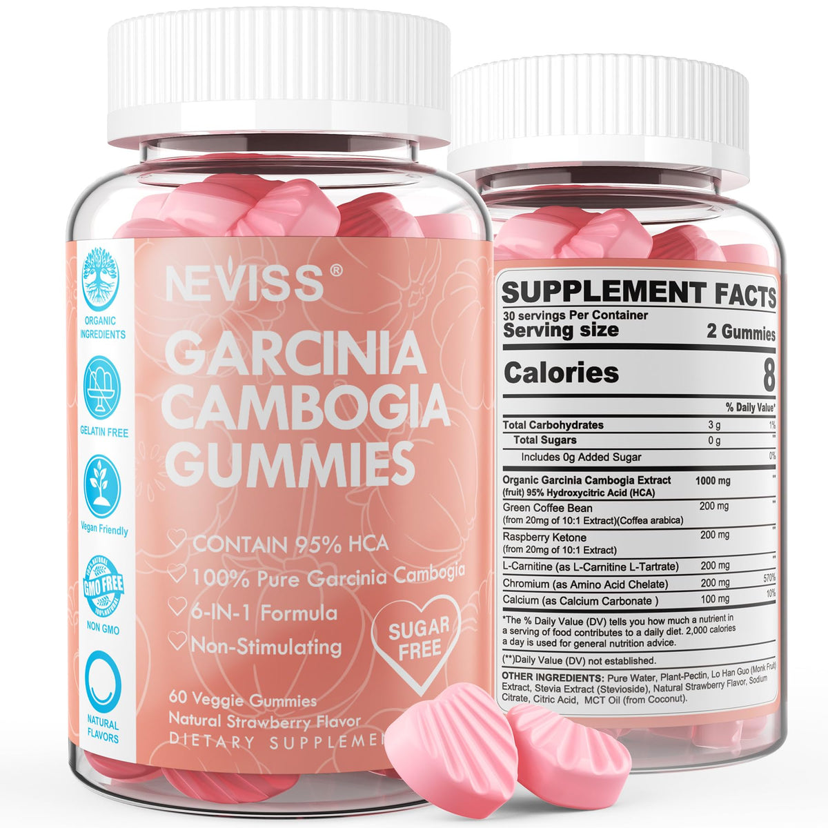 Bottle of sugar free Garcinia Cambogia gummies - strawberry flavor, 60-count