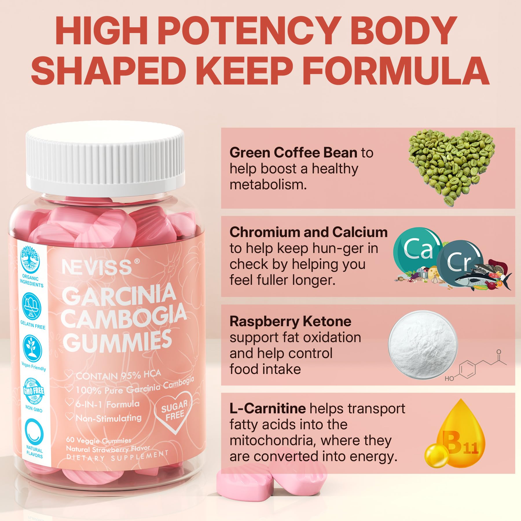 Garcinia Cambogia gummies on white background with vegan and gluten-free claims
