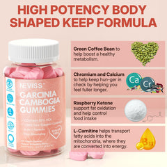Garcinia Cambogia gummies on white background with vegan and gluten-free claims