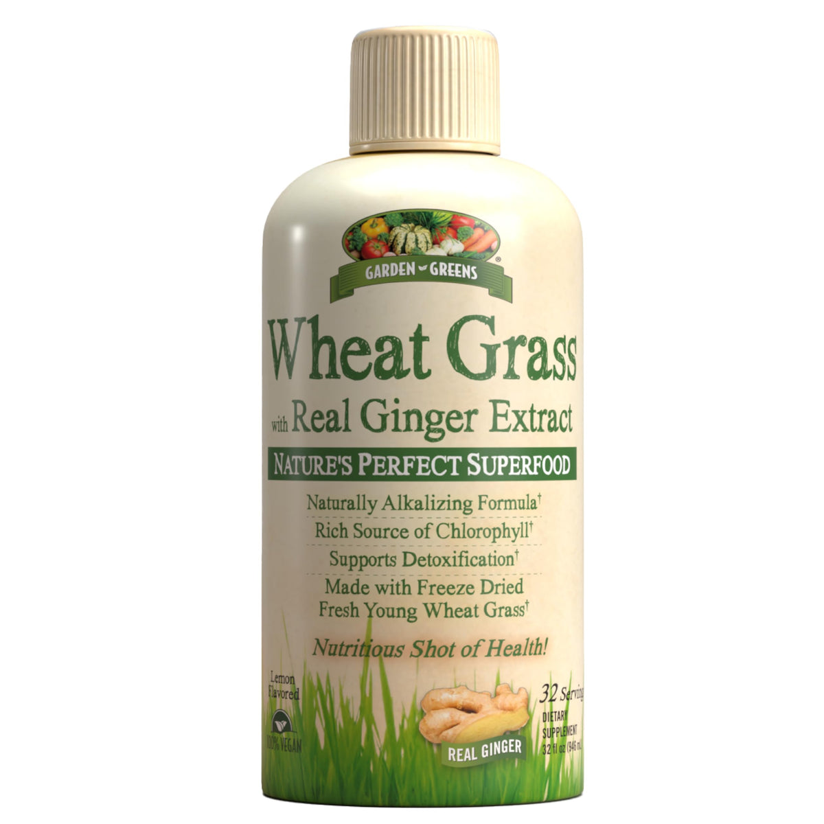 Garden Greens Wheat Grass Liquid bottle with Ginger Extract label