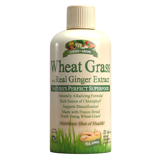 Garden Greens Wheat Grass Liquid bottle with Ginger Extract label