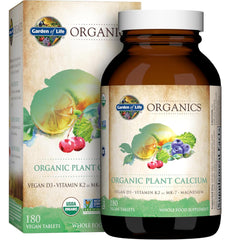 Garden of Life calcium supplement bottle highlights plant-based calcium for daily bone support