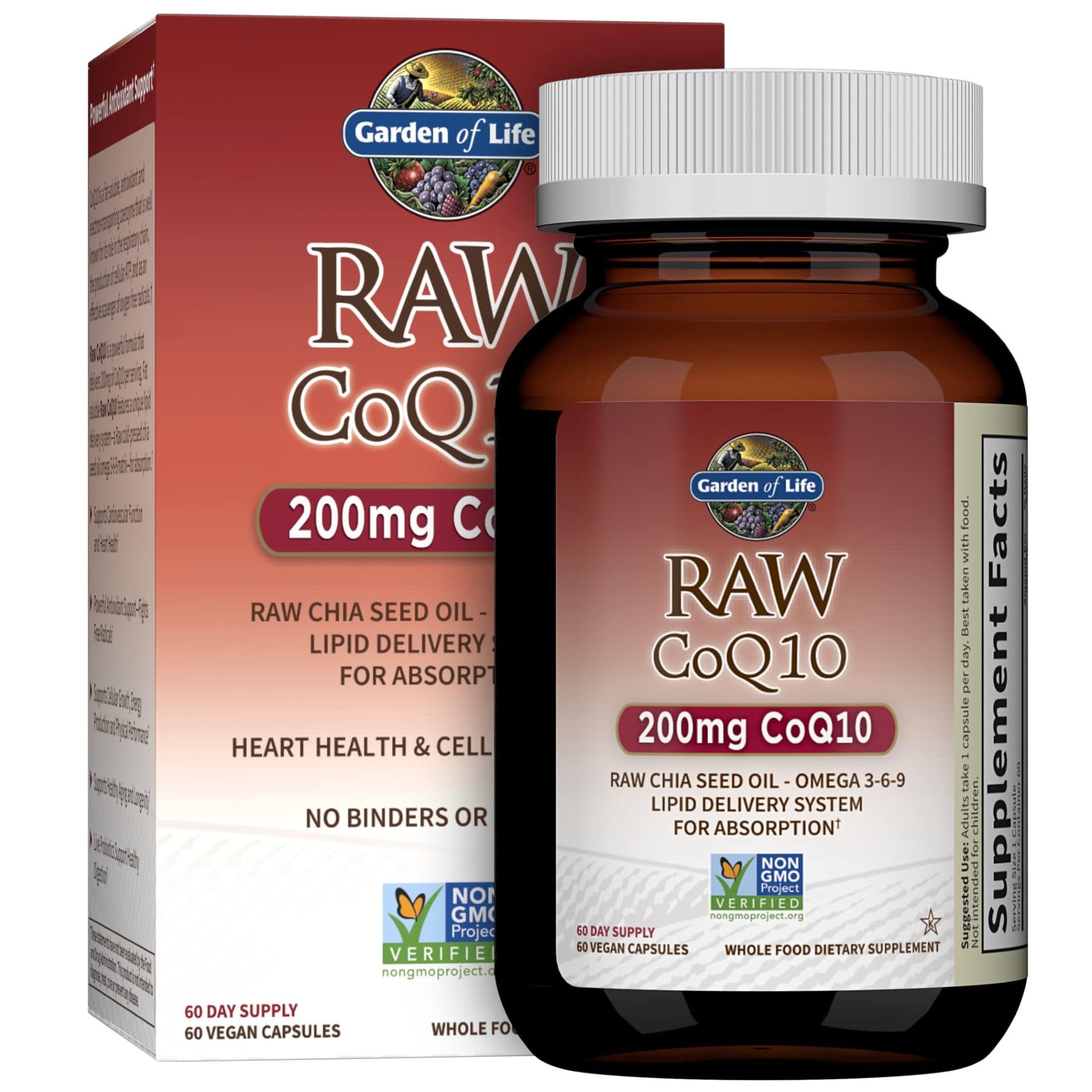 Garden of Life CoQ10 200mg bottle label highlighting heart-healthy antioxidants.