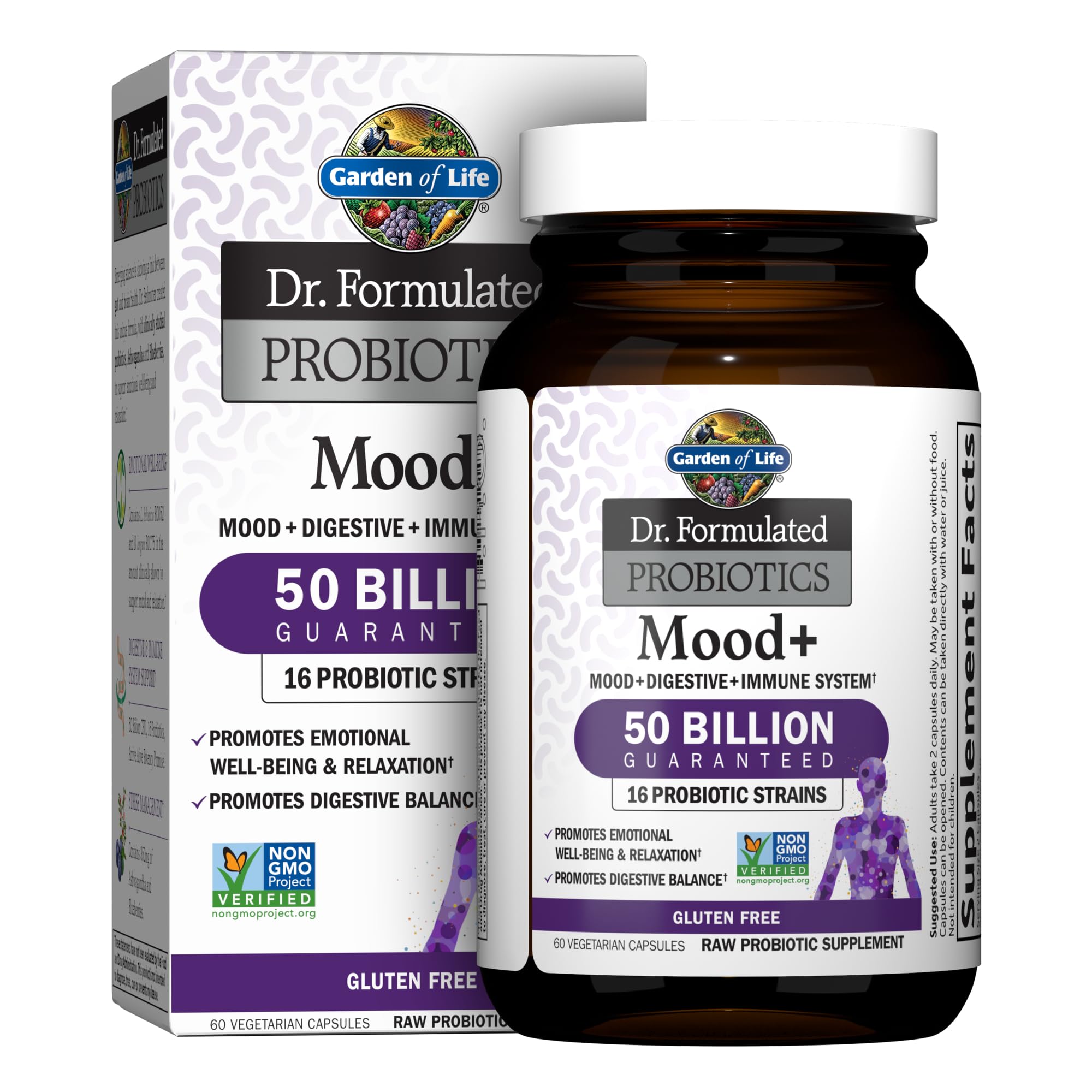 Front view of Garden of Life Mood+ Probiotic with Ashwagandha bottle