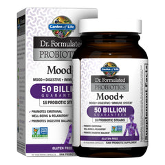 Front view of Garden of Life Mood+ Probiotic with Ashwagandha bottle