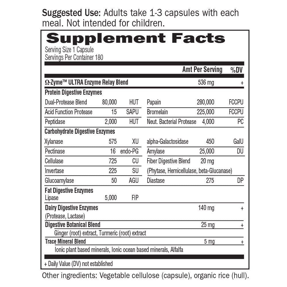 Omega-Zyme ULTRA ingredients panel listing 21 enzymes