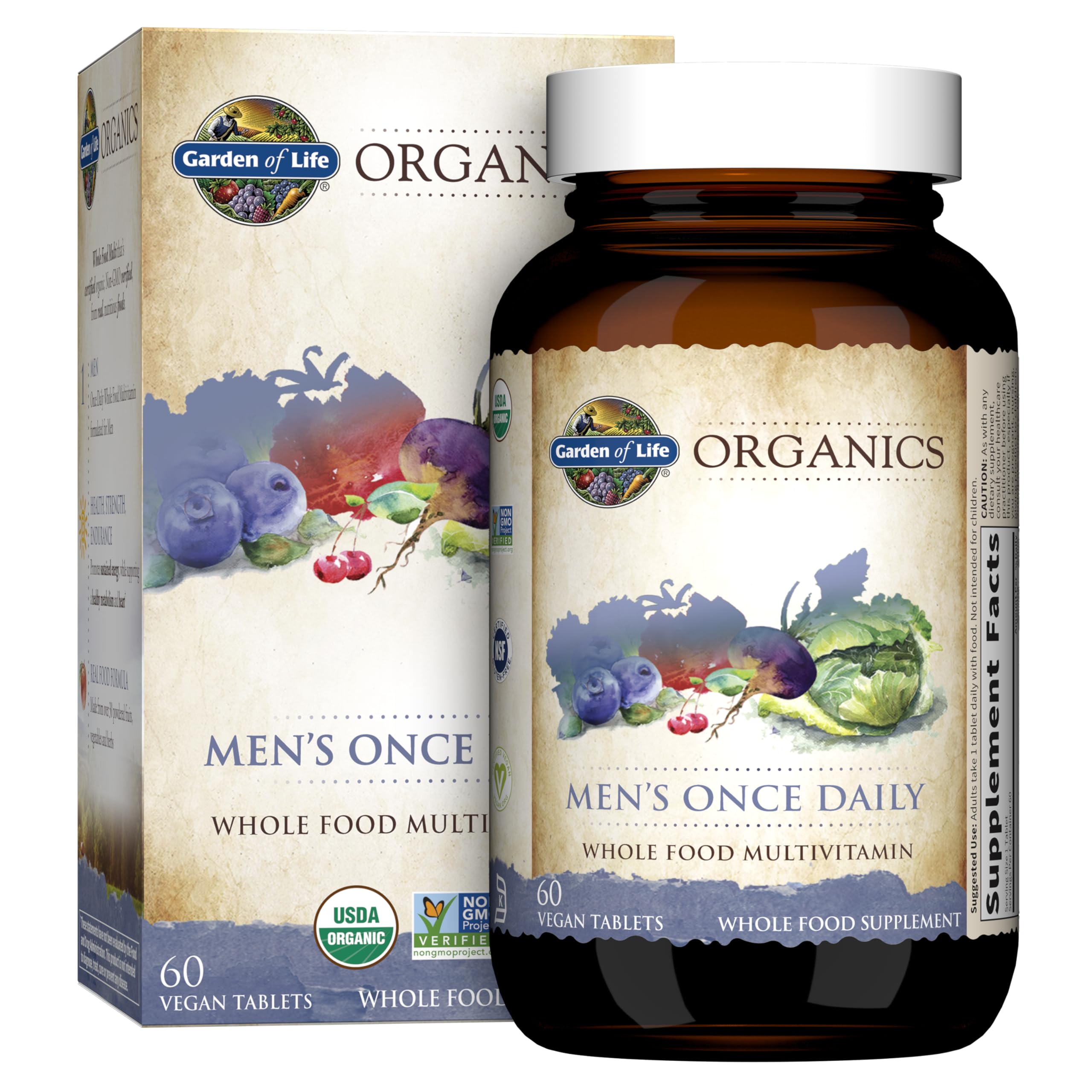 Garden of Life Once Daily Men's Multivitamin bottle shows organic vegan nutrition for daily vitality.