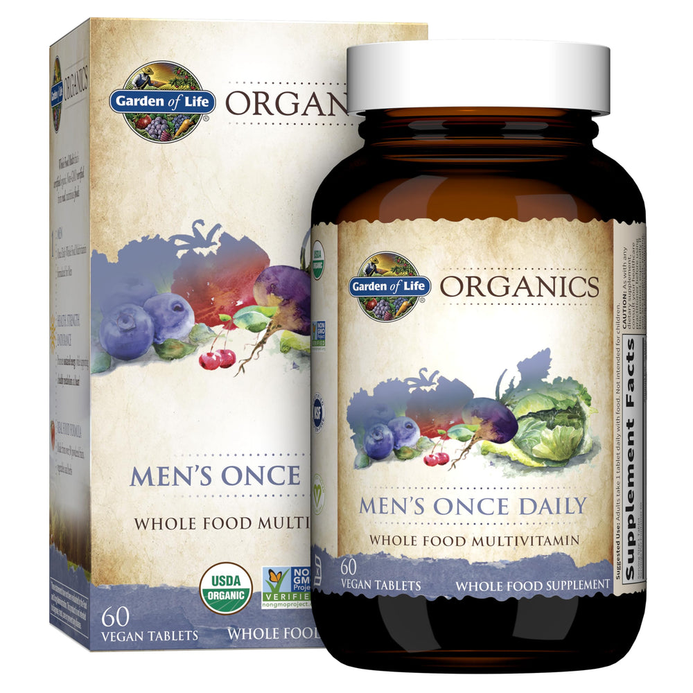 Garden of Life Once Daily Men's Multivitamin bottle shows organic vegan nutrition for daily vitality.