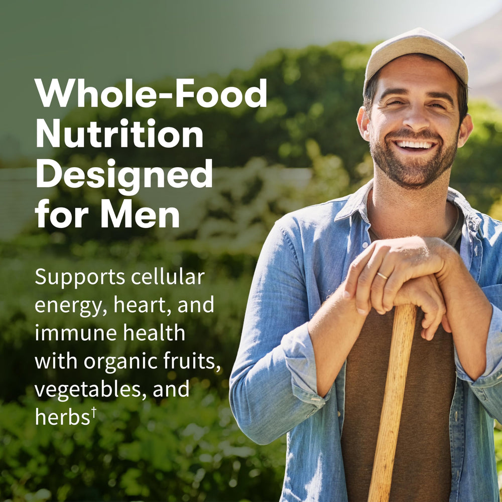 Garden of Life Once Daily Men's Multivitamin label closeup emphasizes essential vitamins for energy.
