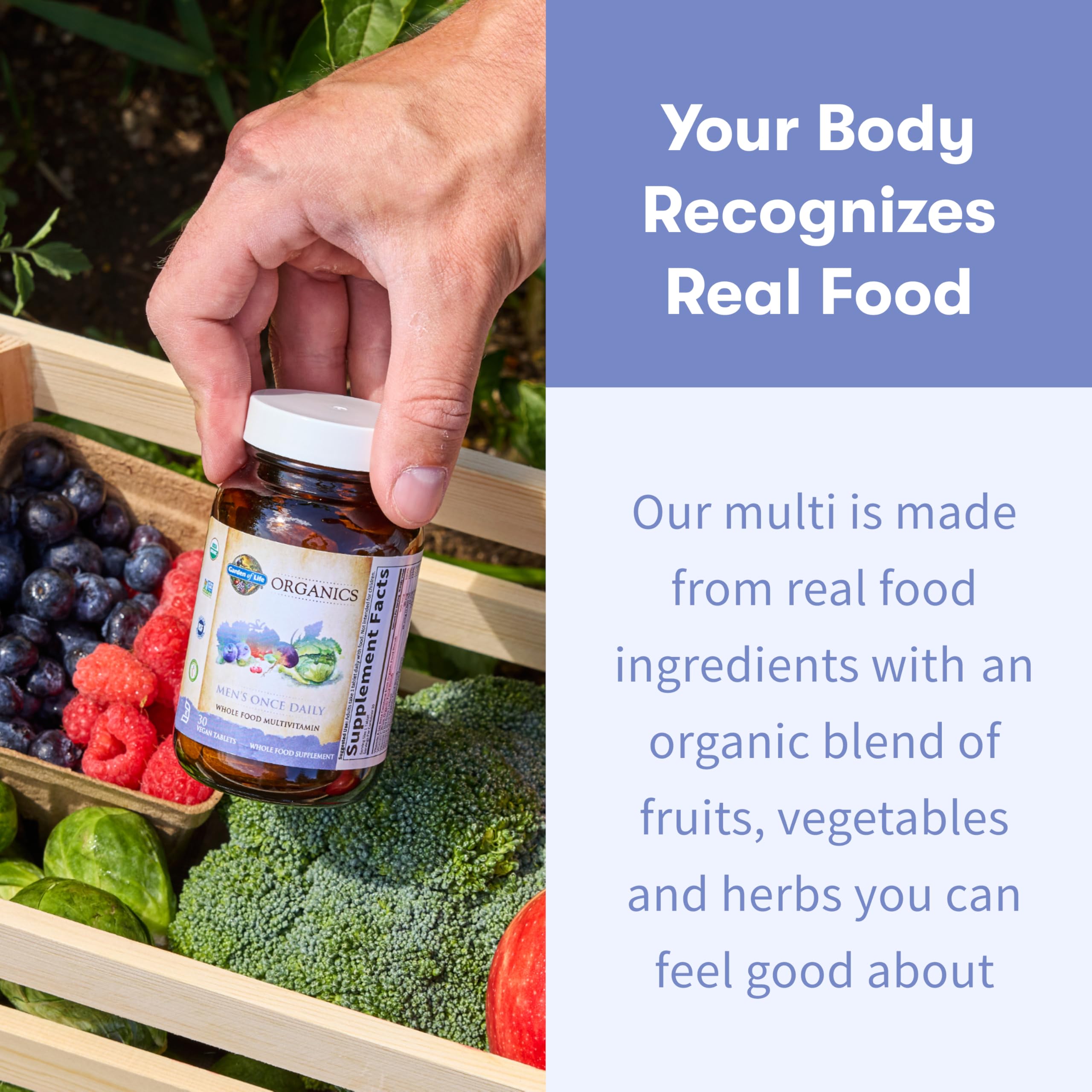 Garden of Life organic vegan ingredients powering wholesome multivitamin nutrition.