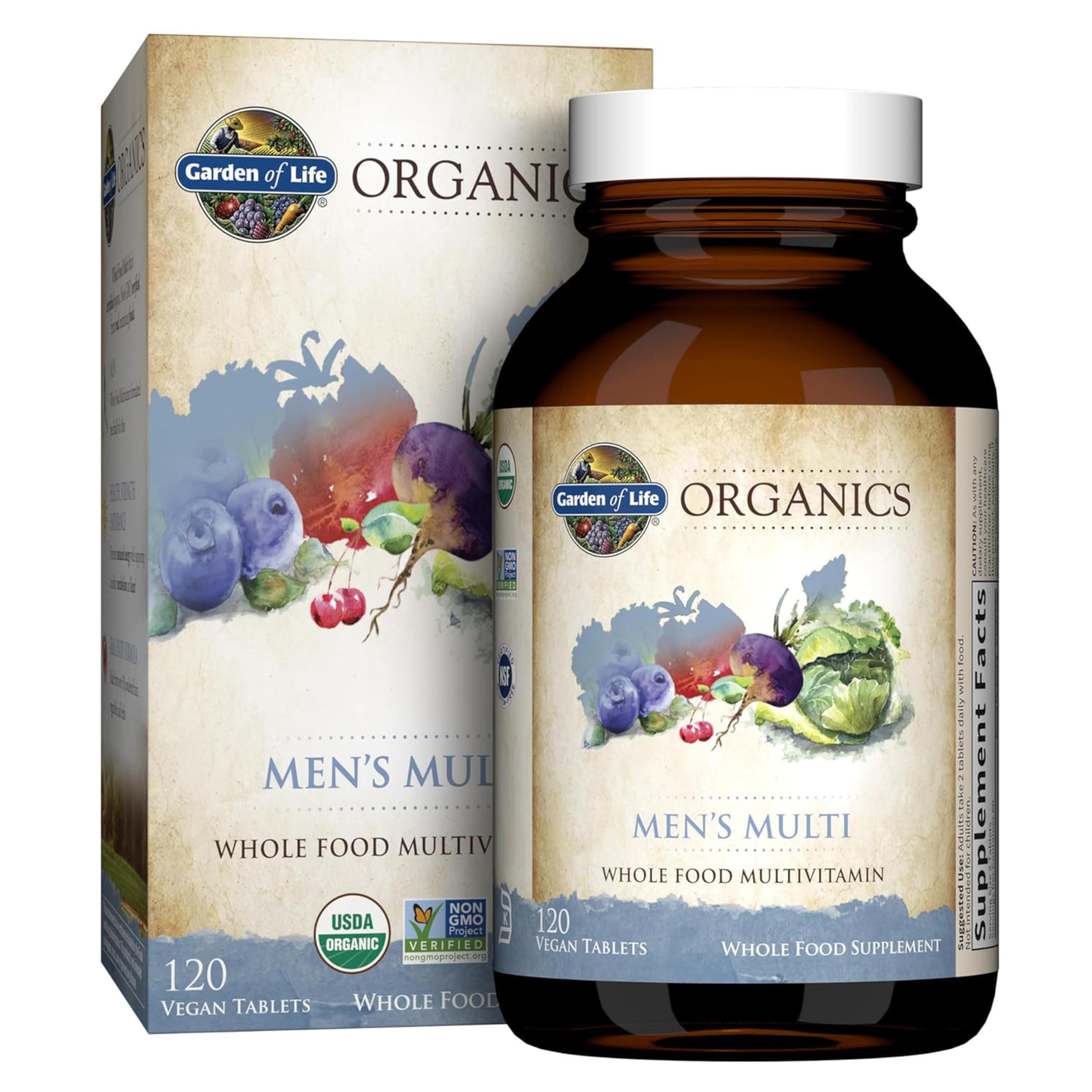 Garden of Life Organics Men's Multivitamin bottle front view, 120 vegan organic tablets