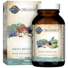 Front view of Garden of Life Organics Men's Multi 40+ bottle with 120 tablets
