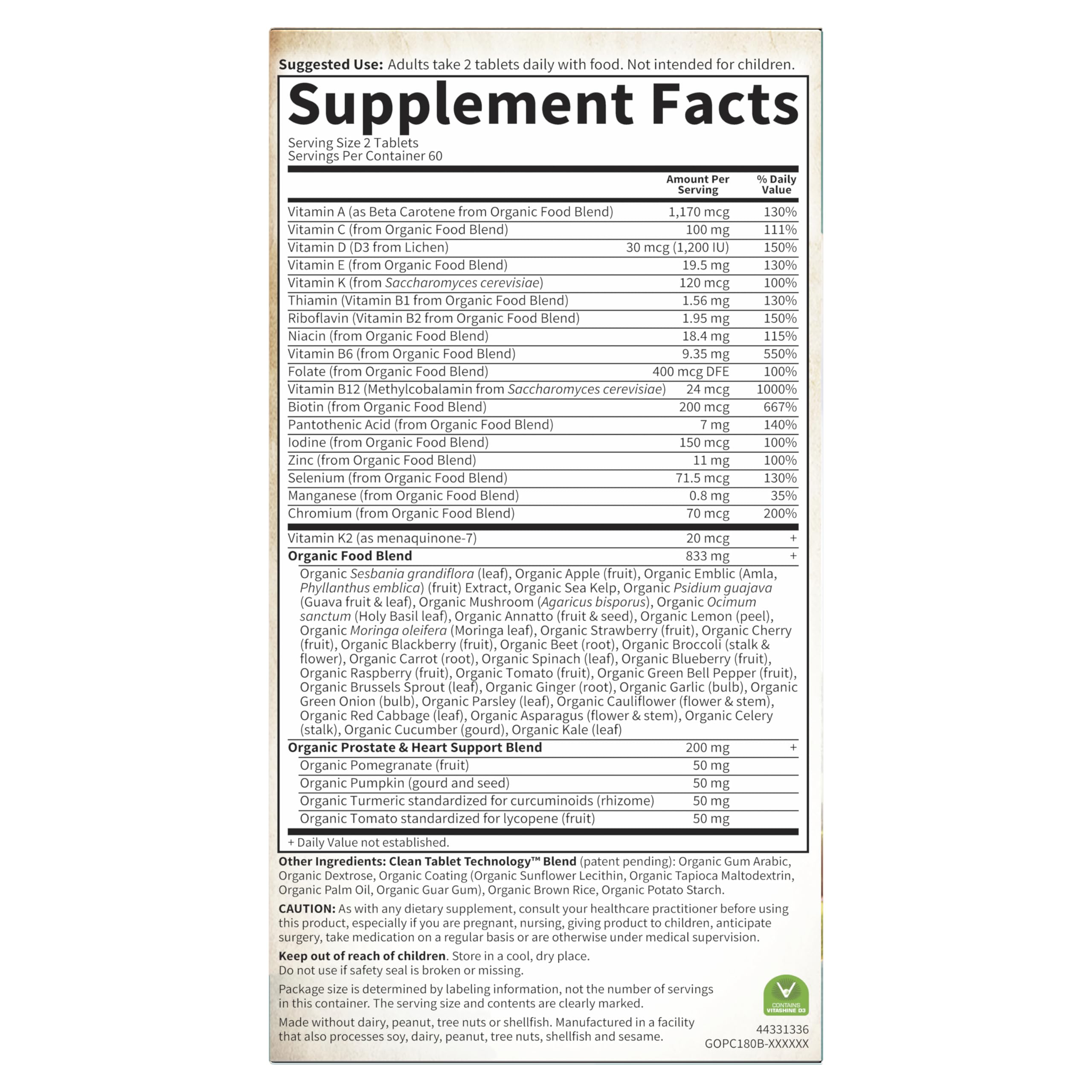 Close-up of nutrition facts and organic certifications