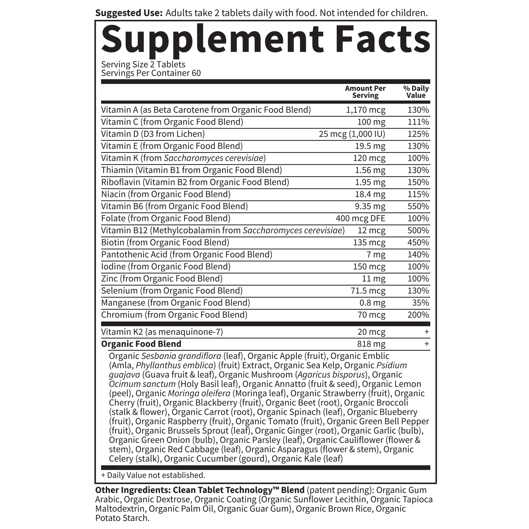 Real-food ingredients sourced from organic farms in the formula.