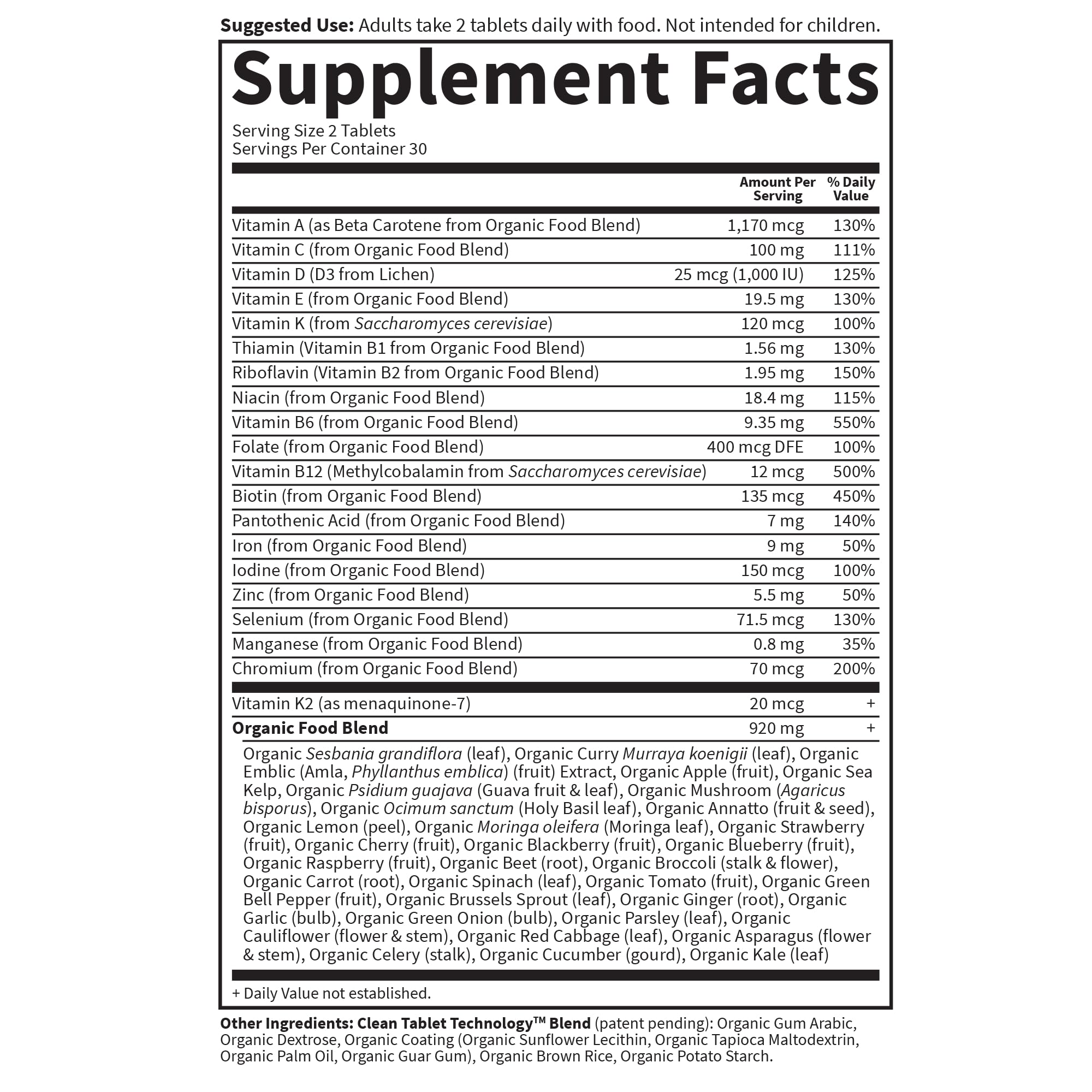 Vegan multivitamin package highlighting whole-food ingredients
