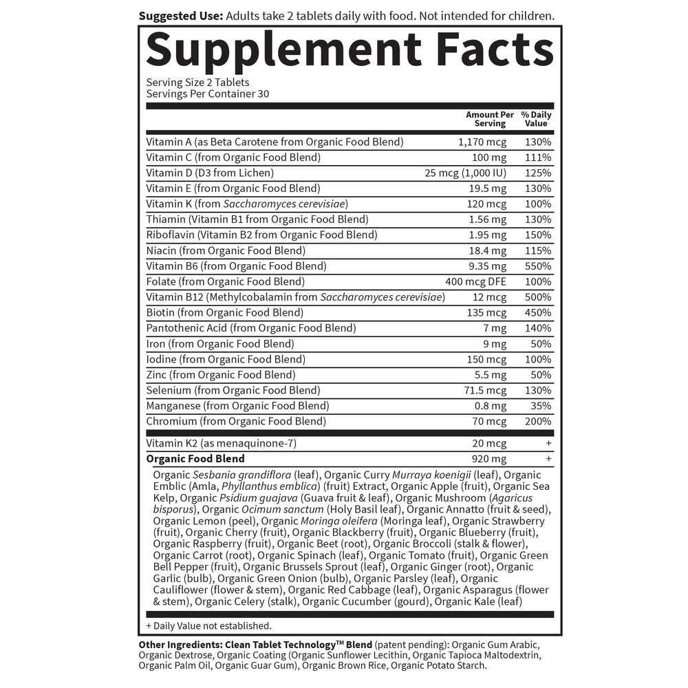 Vegan multivitamin package highlighting whole-food ingredients