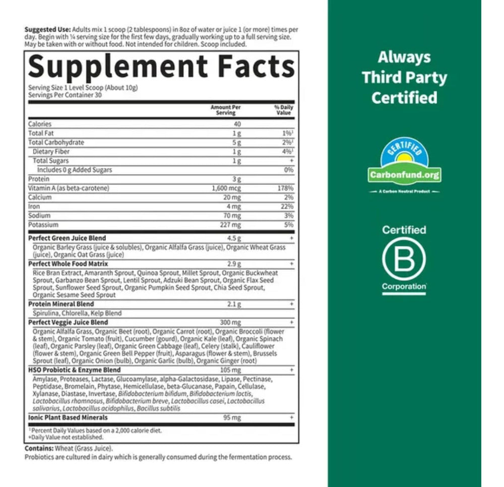 Nutrition facts label for Garden of Life Perfect Food Powder Super Green 10.58 oz
