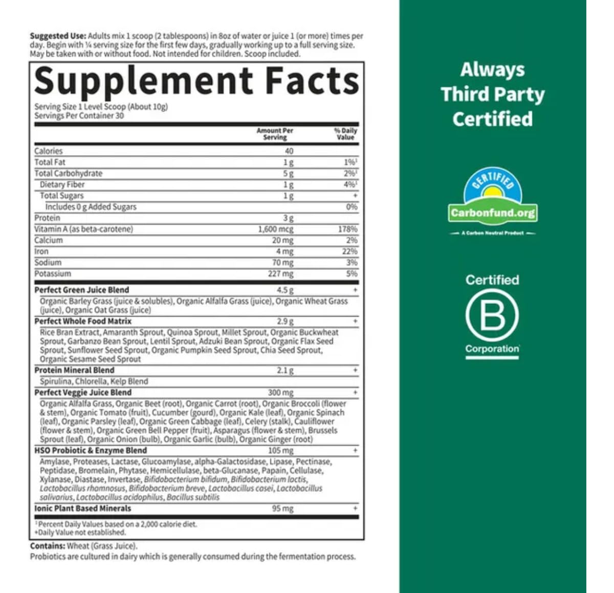 Nutrition label showing 45 phytonutrient-dense superfoods and 12 sprouted ingredients