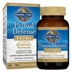Garden of Life Primal Defense Ultra bottle on shelf supports digestive balance with whole-food probiotics