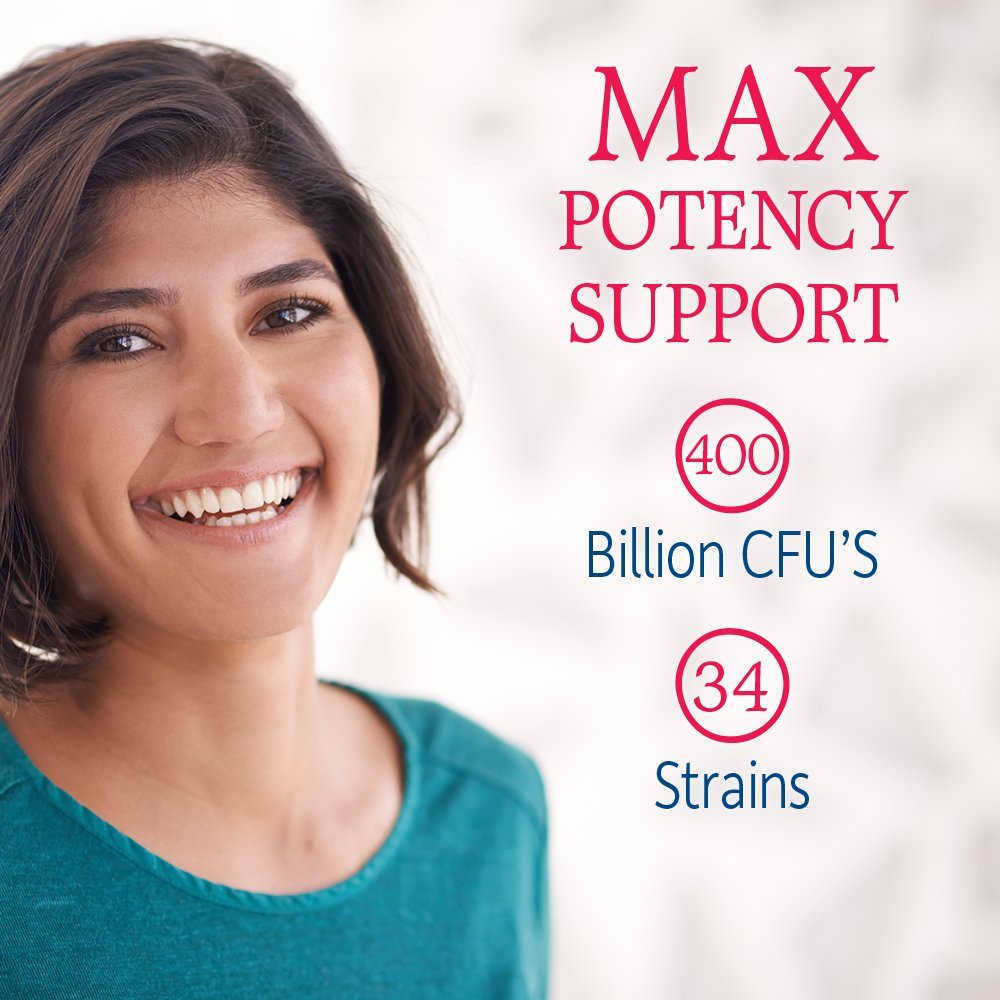 Close-up of 400 Billion CFU and 34 probiotic strains on label