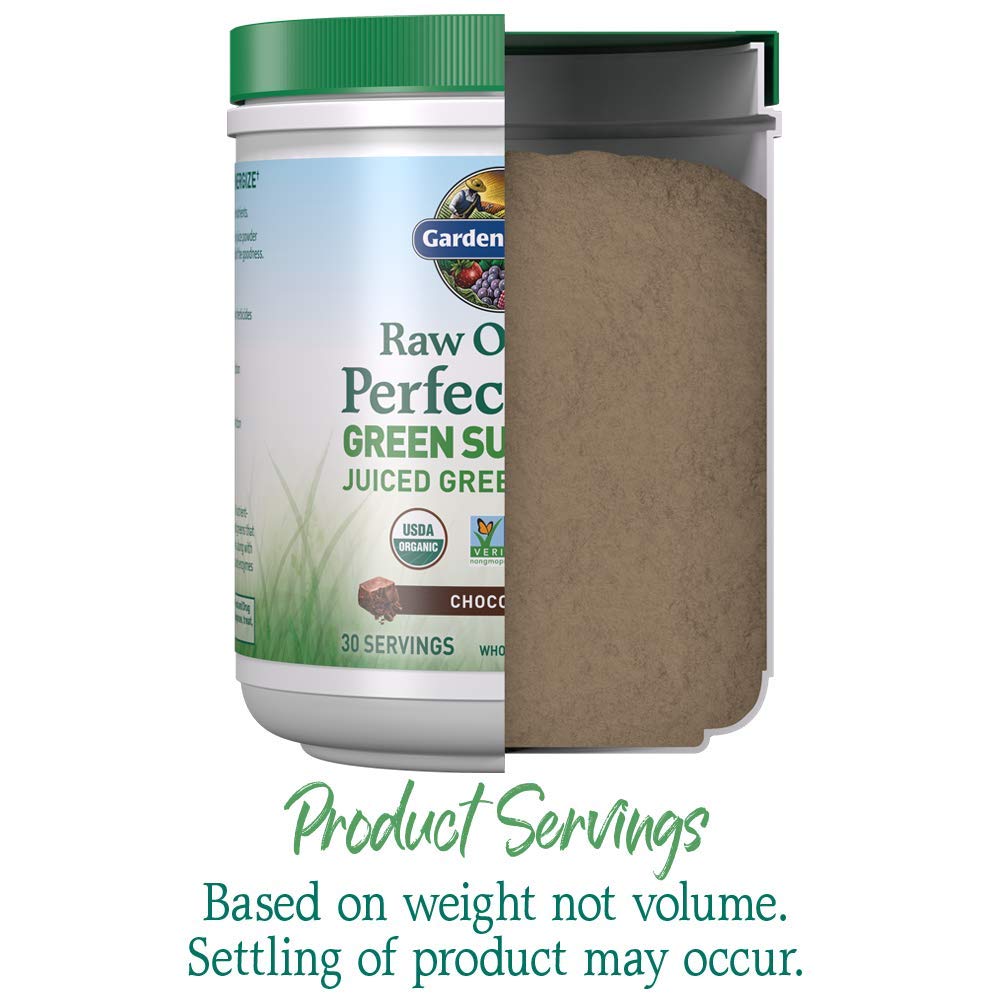 Garden of Life Raw Organic Perfect Food Chocolate non-GMO label emphasizes clean sourcing.