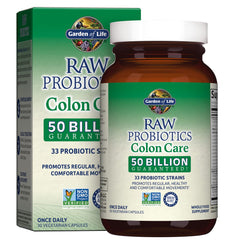 Garden of Life Raw Probiotics Colon Care bottle showing 50B CFU, 30 capsules