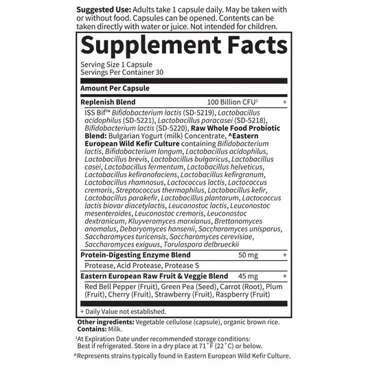 Close-up of the 100 Billion CFU label and 34 probiotic strains on the bottle