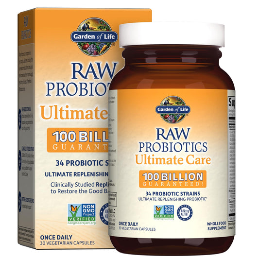 Front view of Garden of Life Raw Probiotics Ultimate Care bottle showing 100 Billion CFU