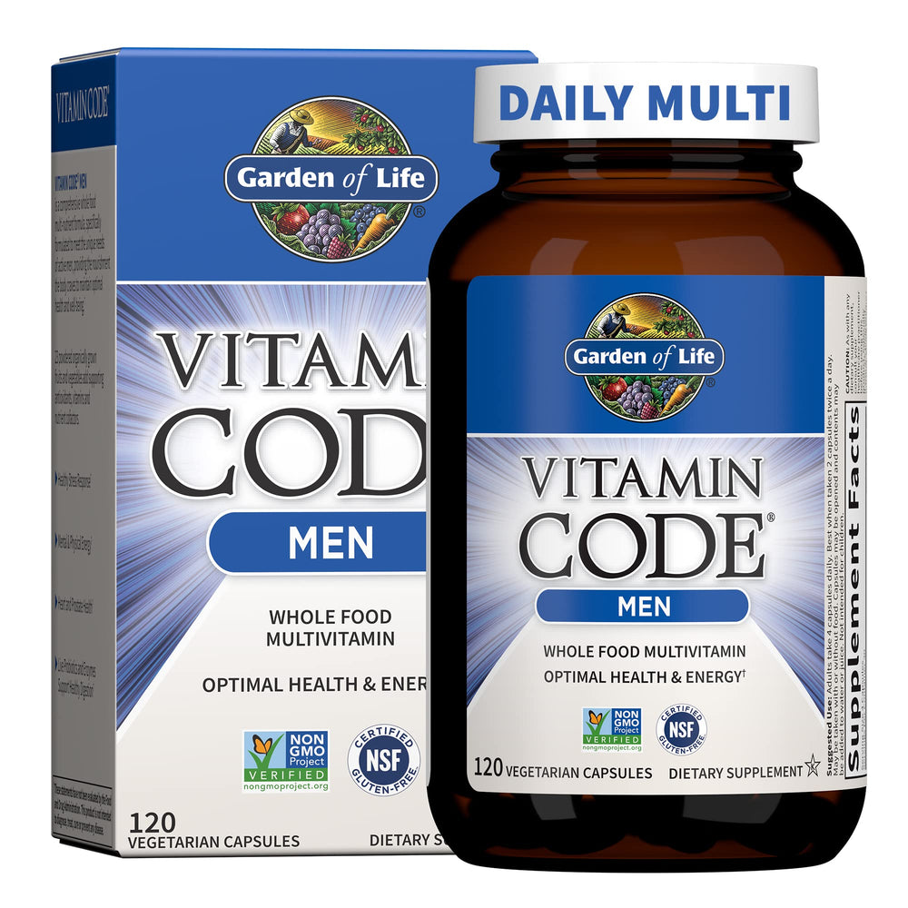 Bottle of Garden of Life Vitamin Code Men's Whole-Food Multivitamin with 120 capsules.