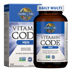 Bottle of Garden of Life Vitamin Code Men's Whole-Food Multivitamin with 120 capsules.