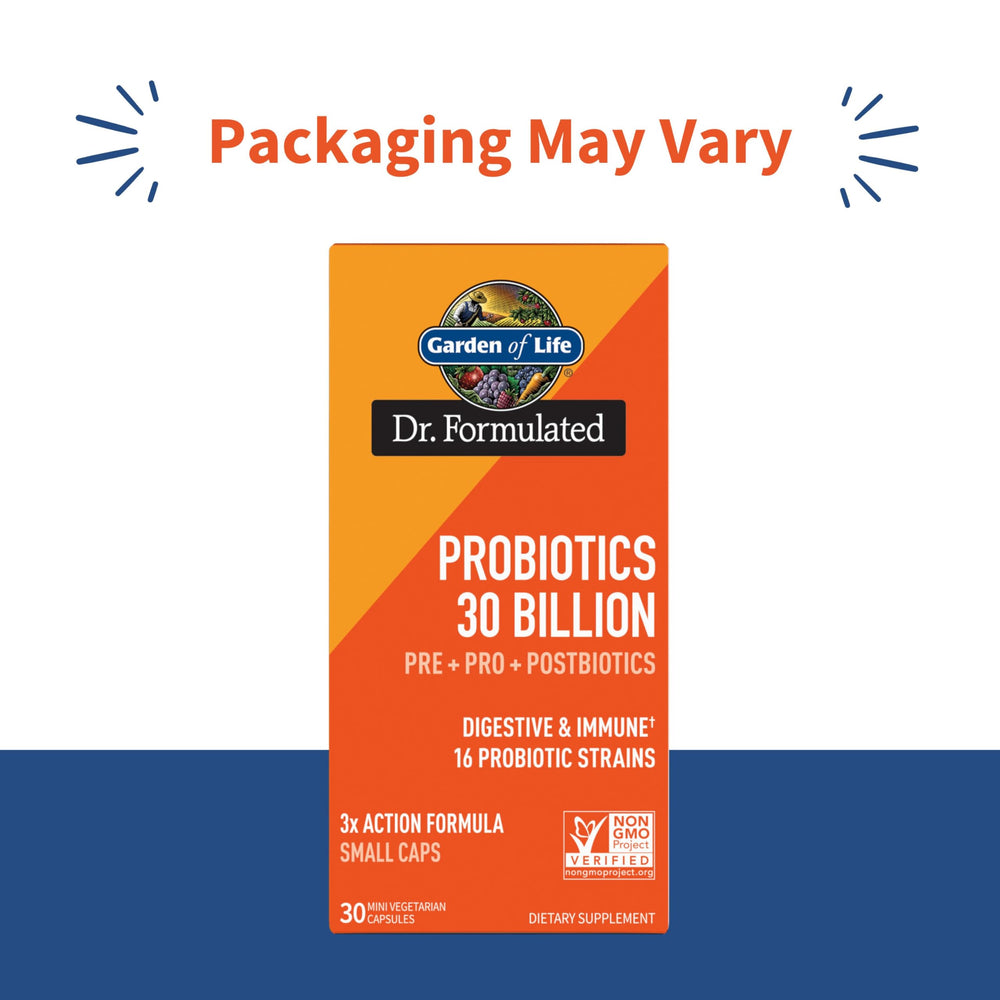 Label showing 30 Billion CFU and 16 probiotic strains on Dr Formulated product