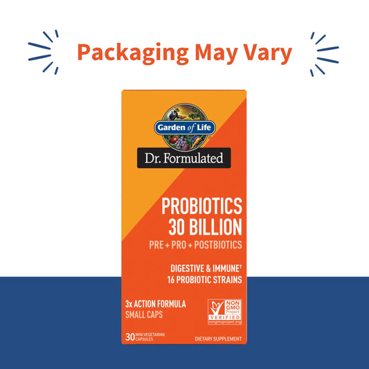 Label showing 30 Billion CFU and 16 probiotic strains on Dr Formulated product