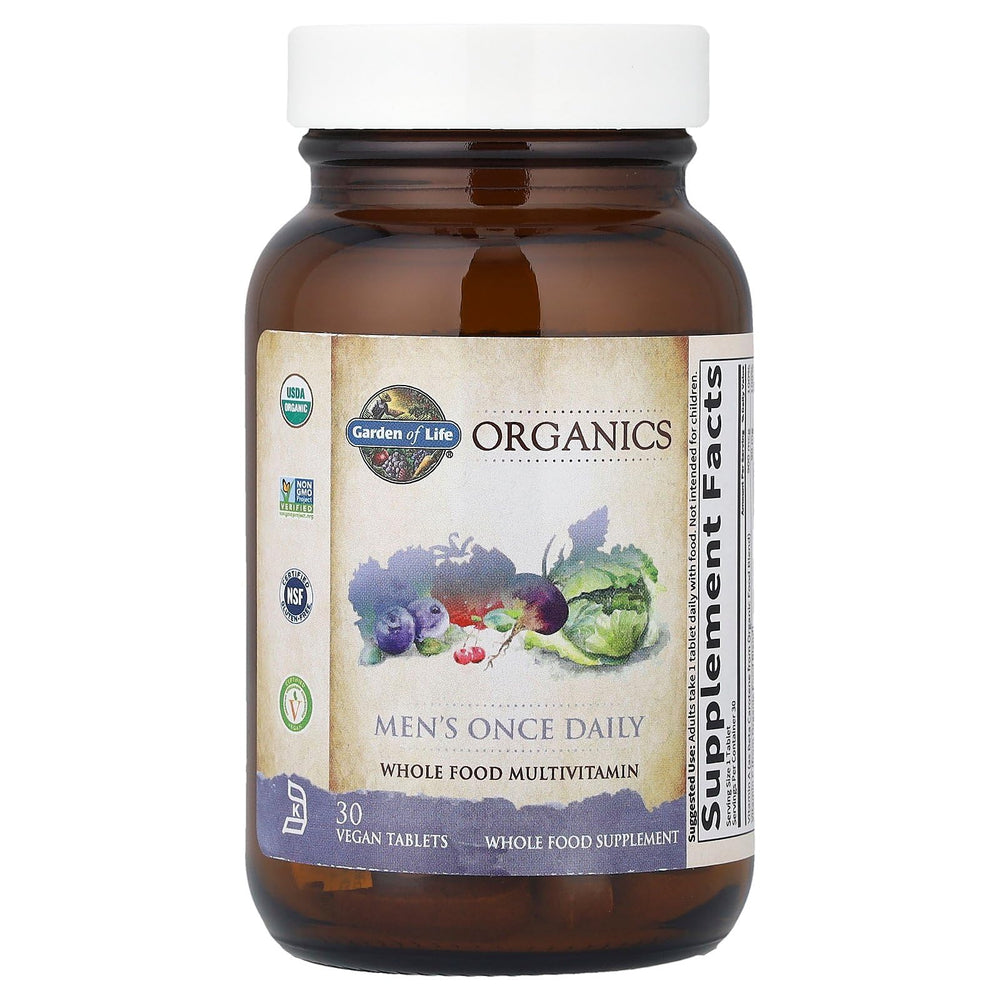 Illustration of organic fruits and vegetables used in the multivitamin
