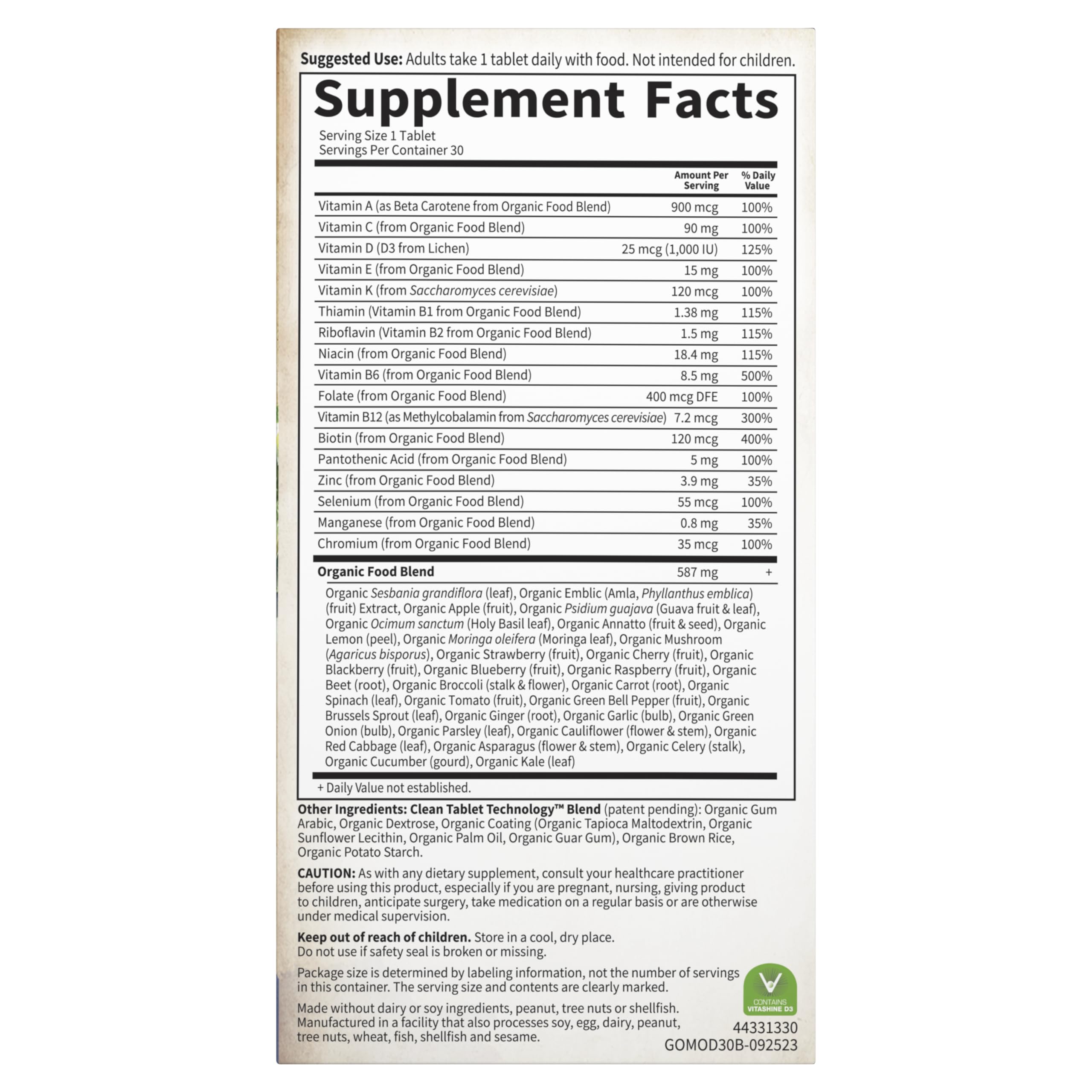 Nutrition label and ingredients list on the bottle