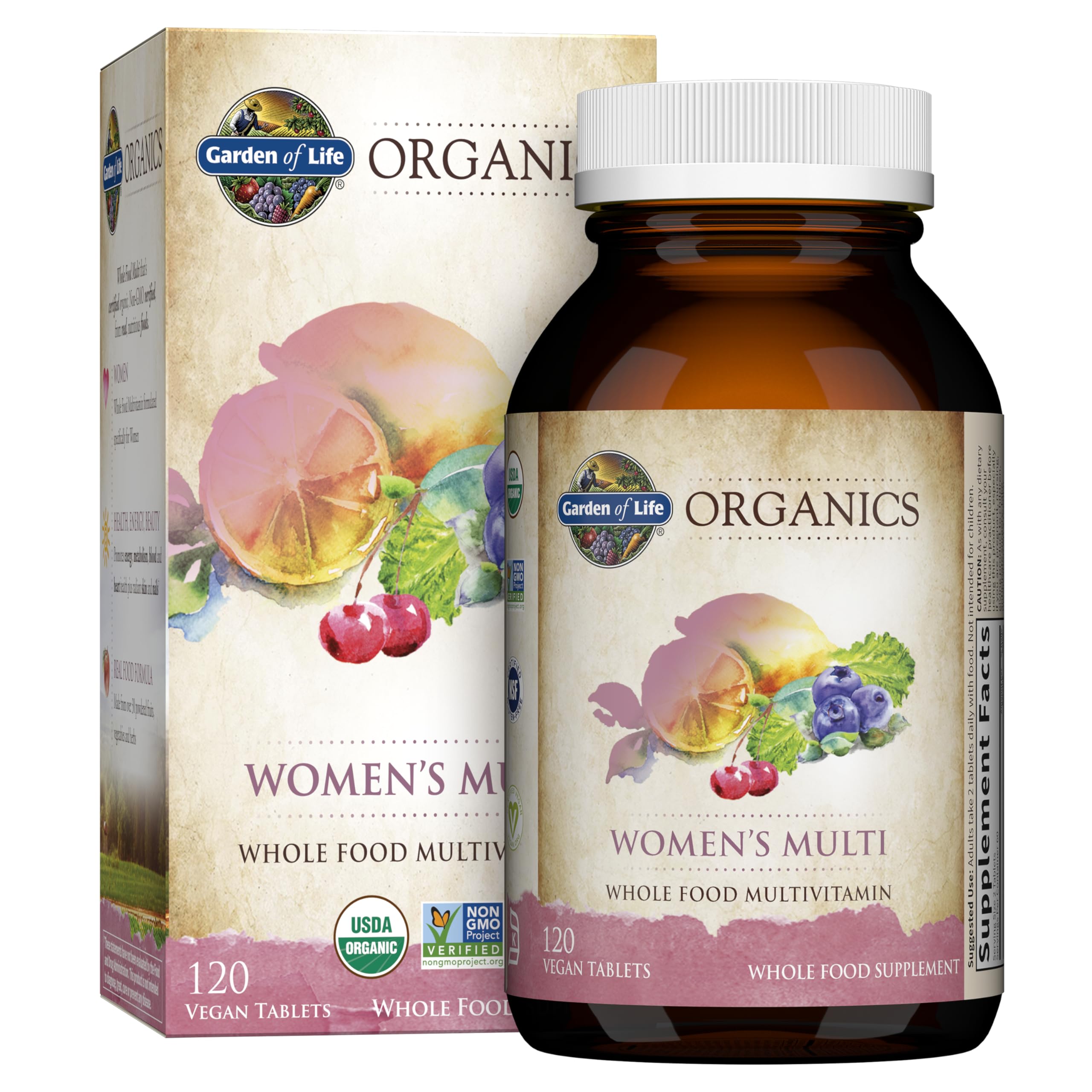 Front view of Garden of Life Organics Women's Multi bottle (120 tabs)
