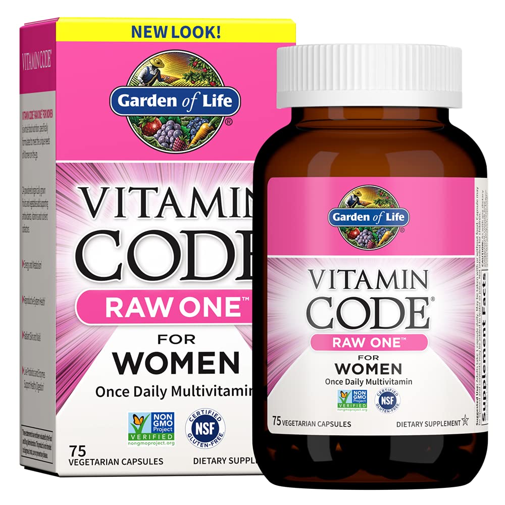 Garden of Life Vitamin Code RAW ONE for Women bottle with 75 capsules on white background