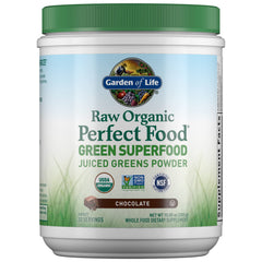 Front view of Garden of Life Raw Organic Perfect Food Greens Powder Chocolate packaging