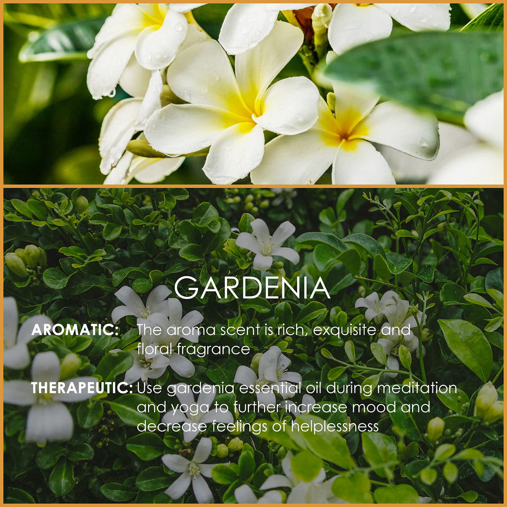 Gardenia essential oil label on dark bottle