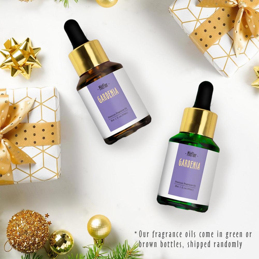 Flat lay with Gardenia flowers and 30ml bottle