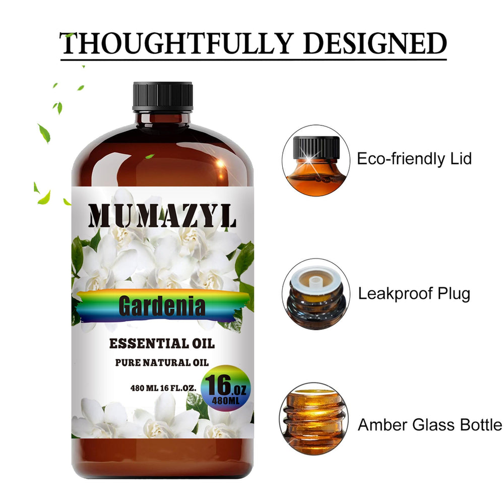 Amber glass bottle with flow-control stopper for Gardenia oil (16oz).