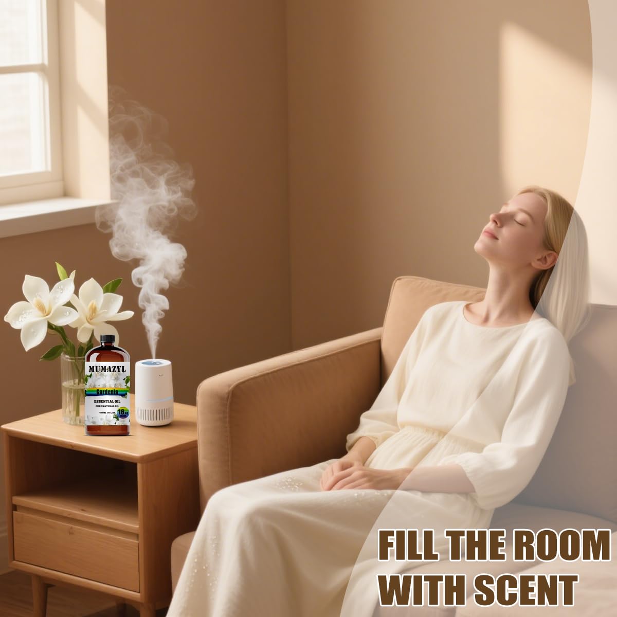 Gardenia essential oil being used in a diffuser.