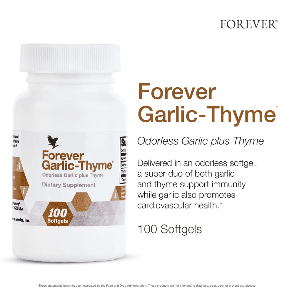 Illustration showing 10 mg garlic extract and 50 mg thyme per serving