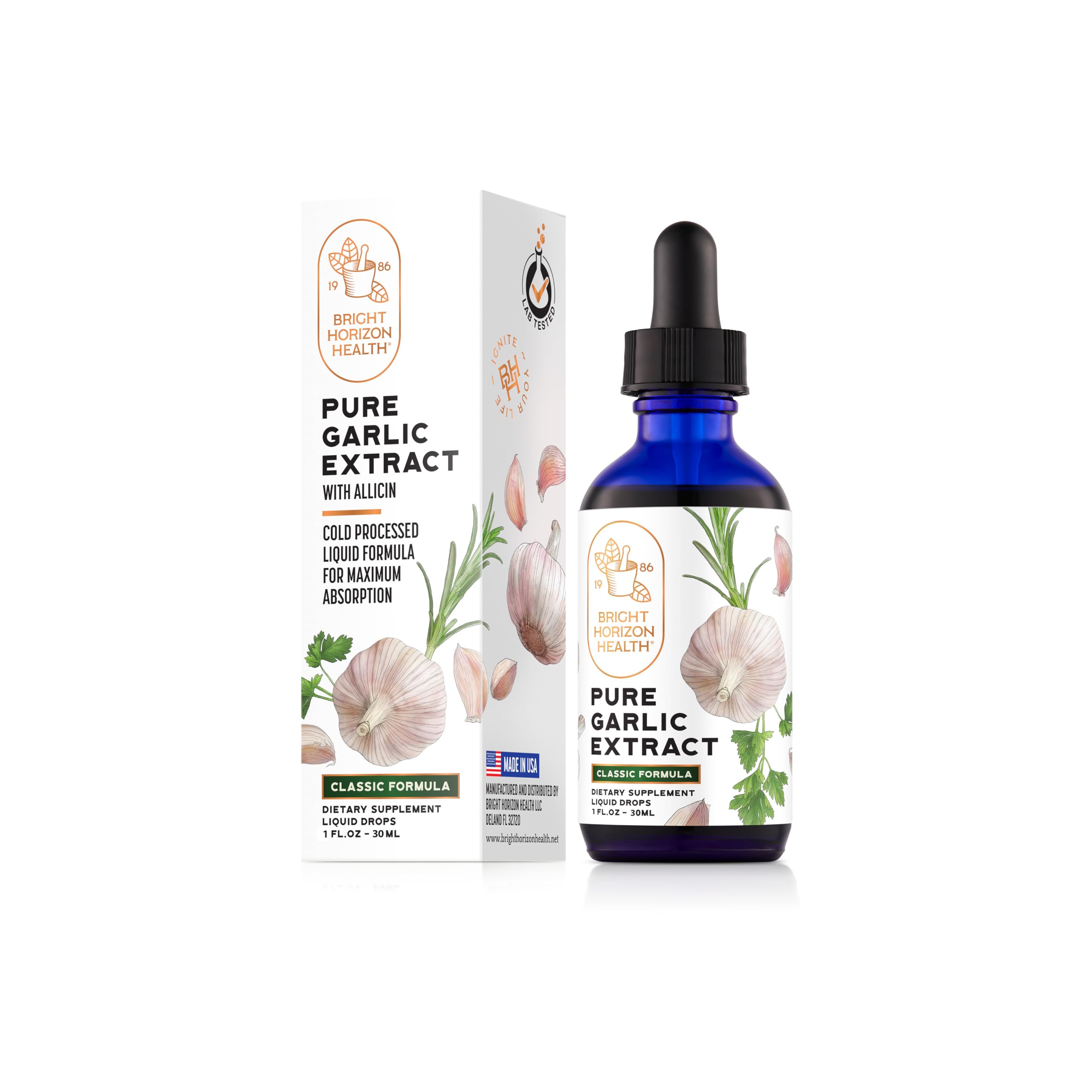 Bright Horizon Health Garlic Extract with Allicin bottle and dropper