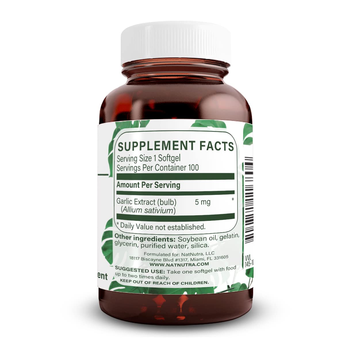 Amber glass bottle containing odorless garlic oil softgels