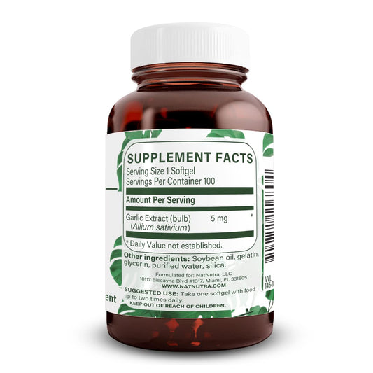 Amber glass bottle containing odorless garlic oil softgels